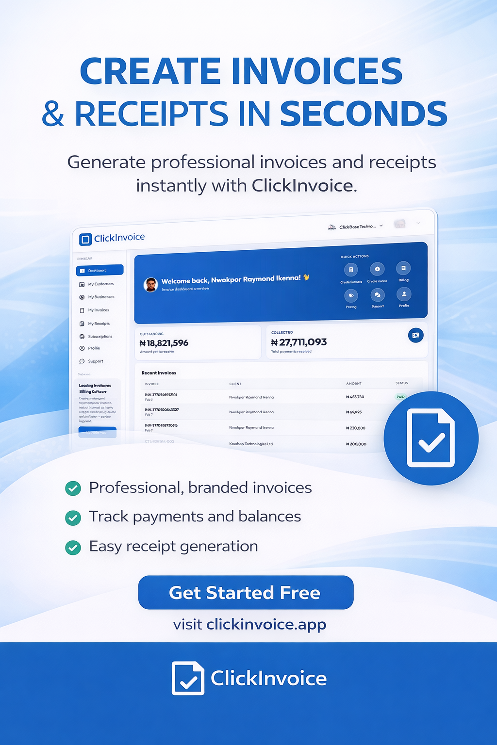 ClickInvoice receipt and invoice workflow