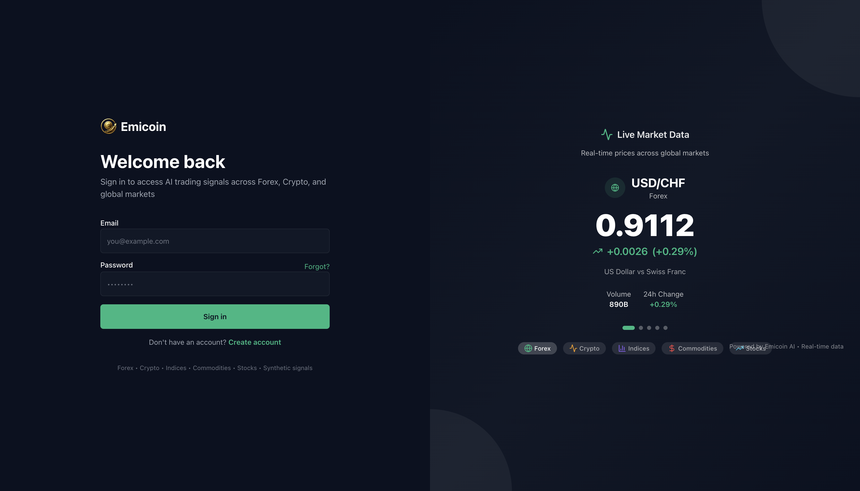Emicoin login screen