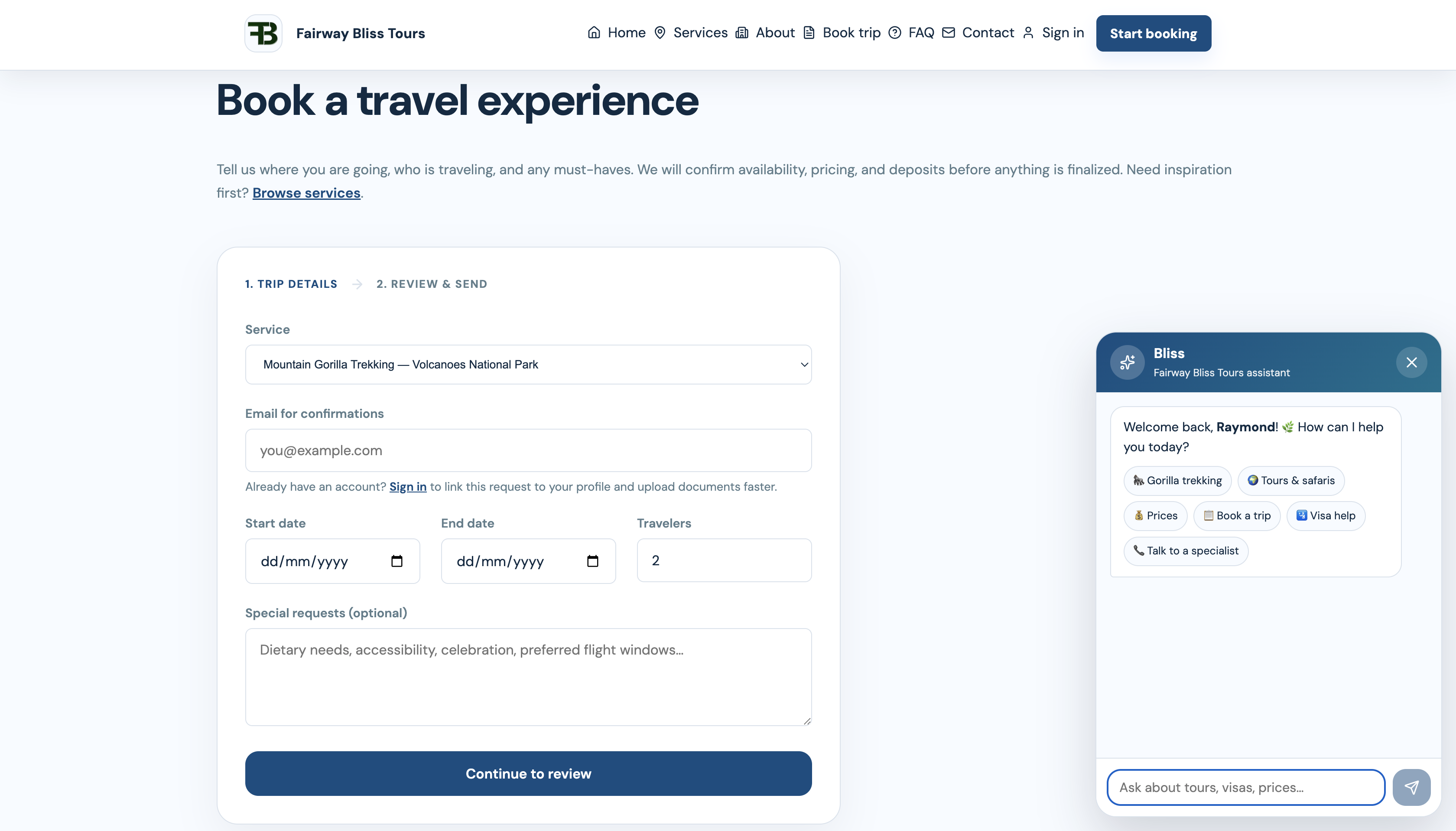 Fairway Bliss Tours booking page
