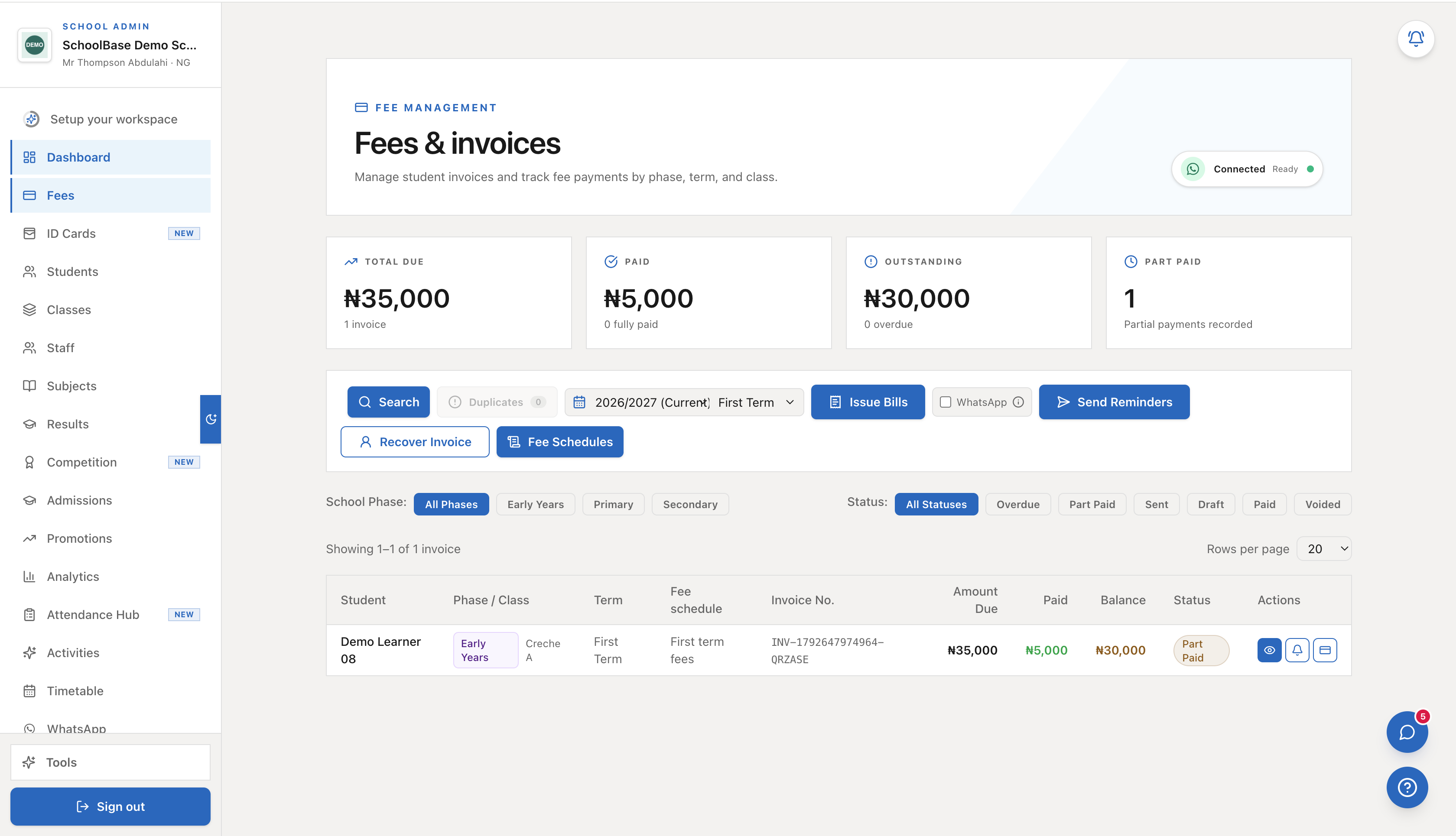SchoolBase redesigned fees dashboard