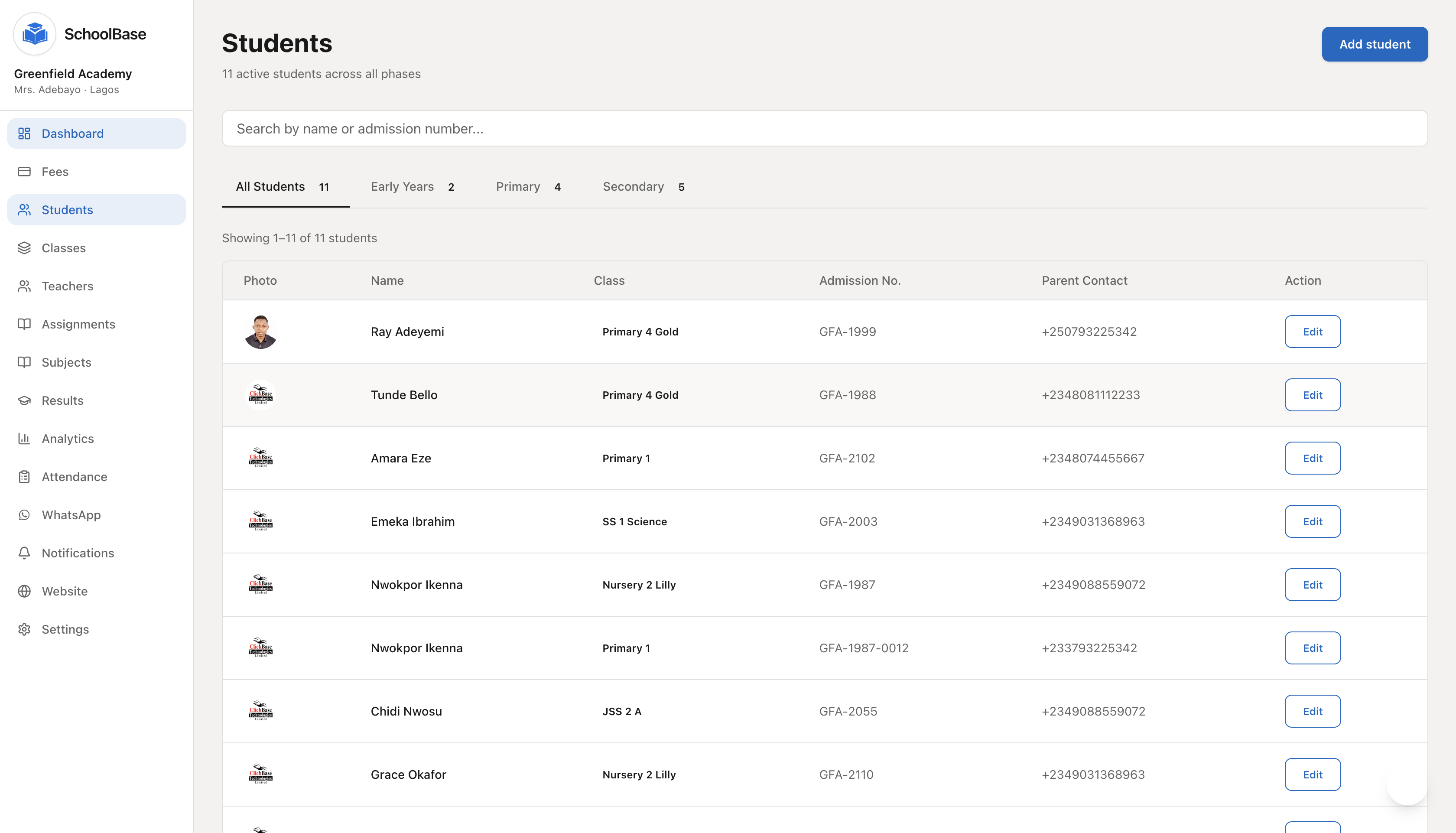 SchoolBase student list