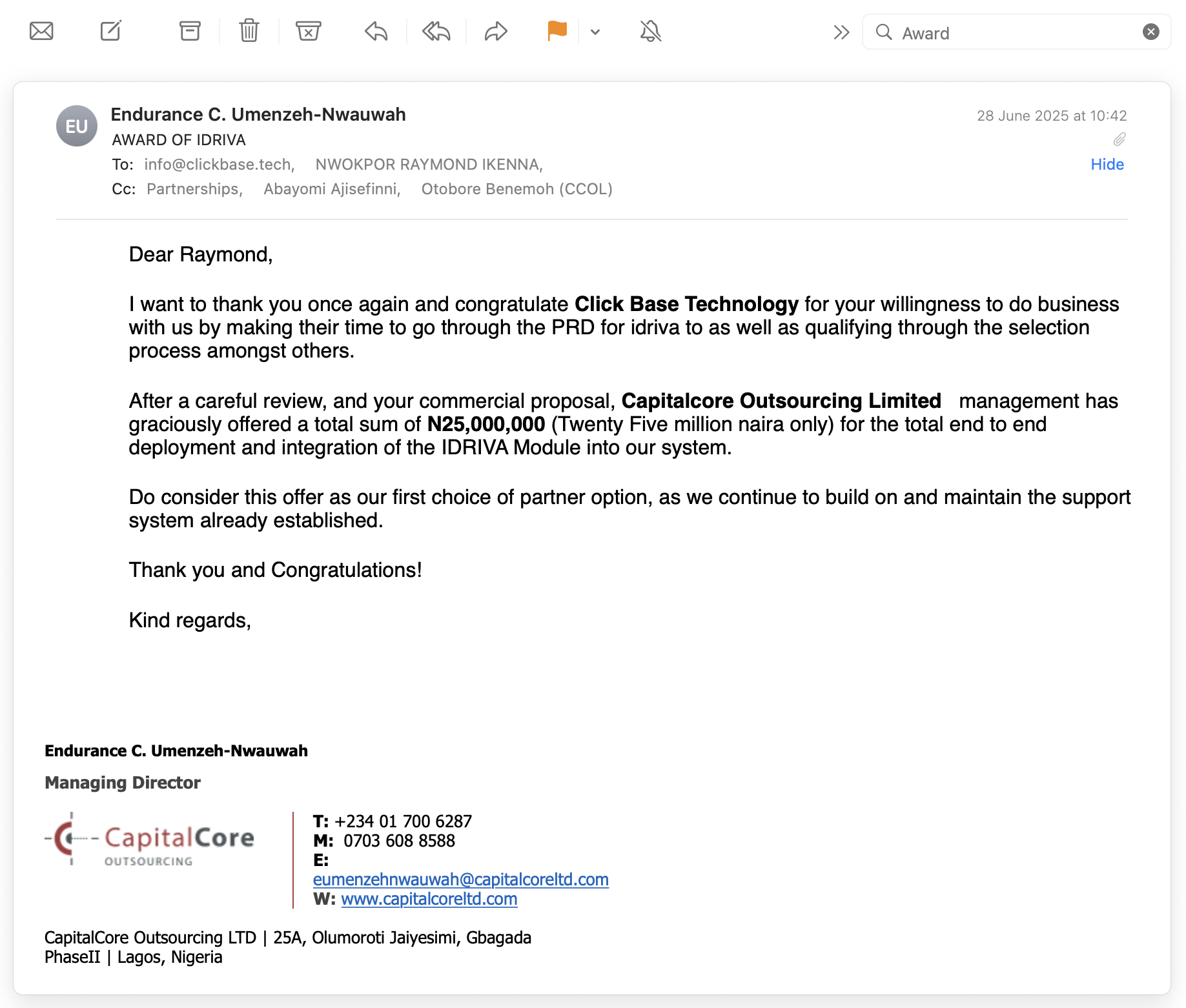 Award Letter Screenshot