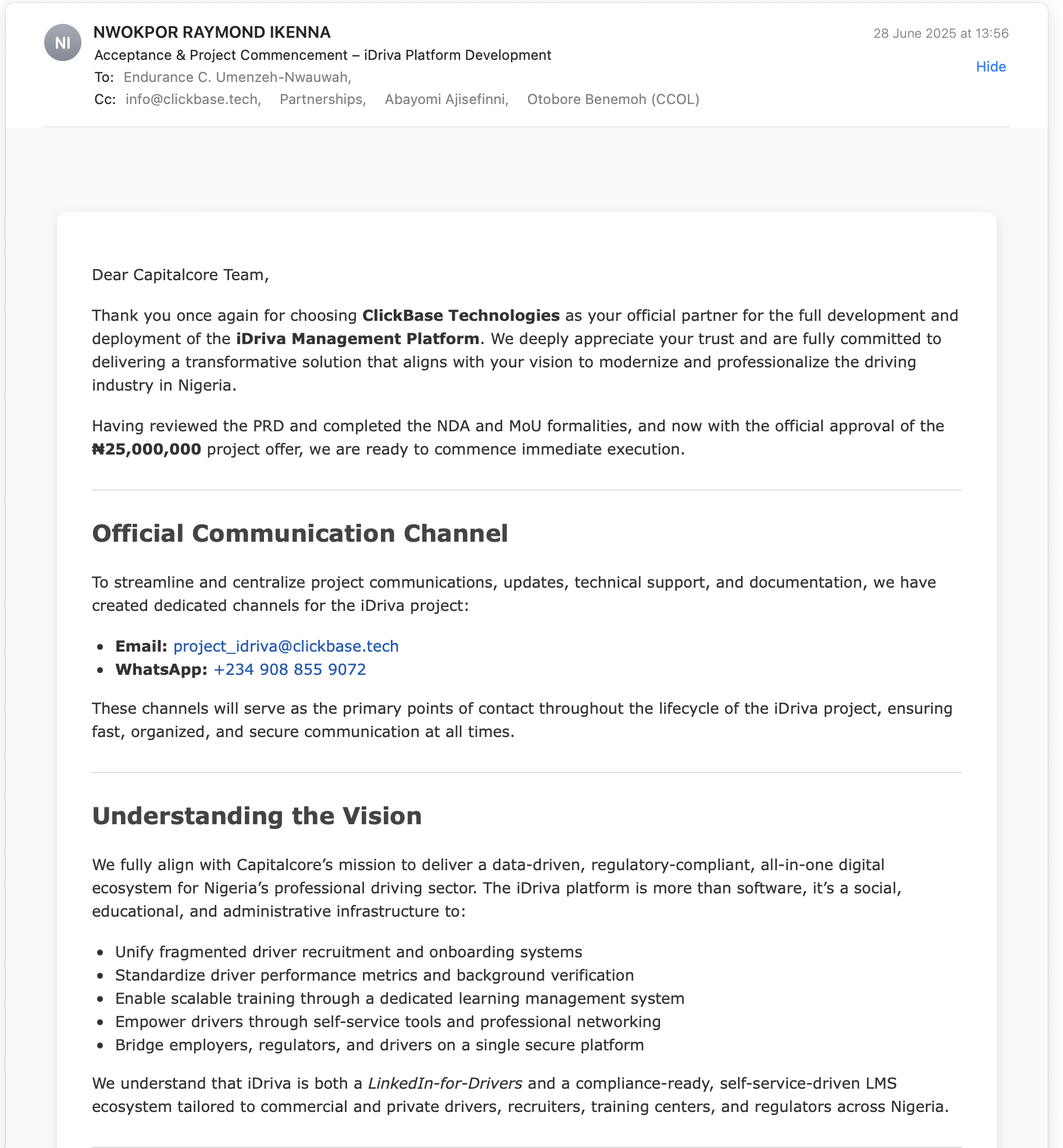 Acceptance Email Screenshot