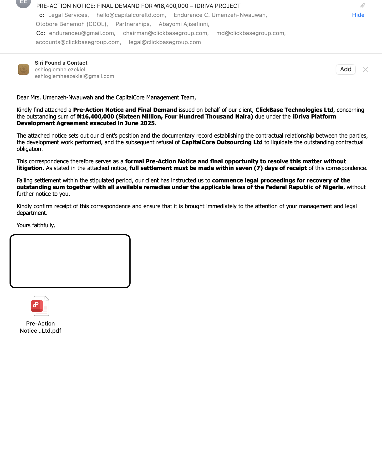 Pre-Action Notice Screenshot